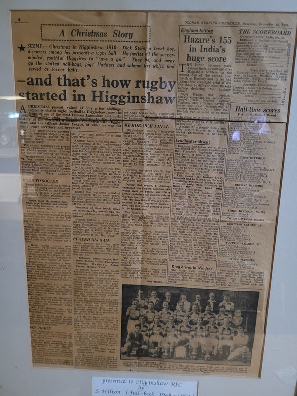 Oldham Evening Chronicle cutting from December 1951: &lsquo;and that&rsquo;s how rugby started in Higginshaw&rsquo;