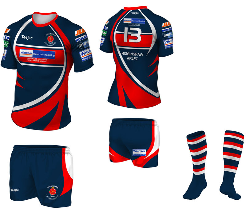 Higginshaw ARLFC playing kit: navy and red shirt, shorts and hooped socks